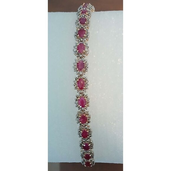 Natural Ruby & Diamond 14K Solid Yellow Gold over 14K Solid White Gold Bracelet - Picture 10 of 13